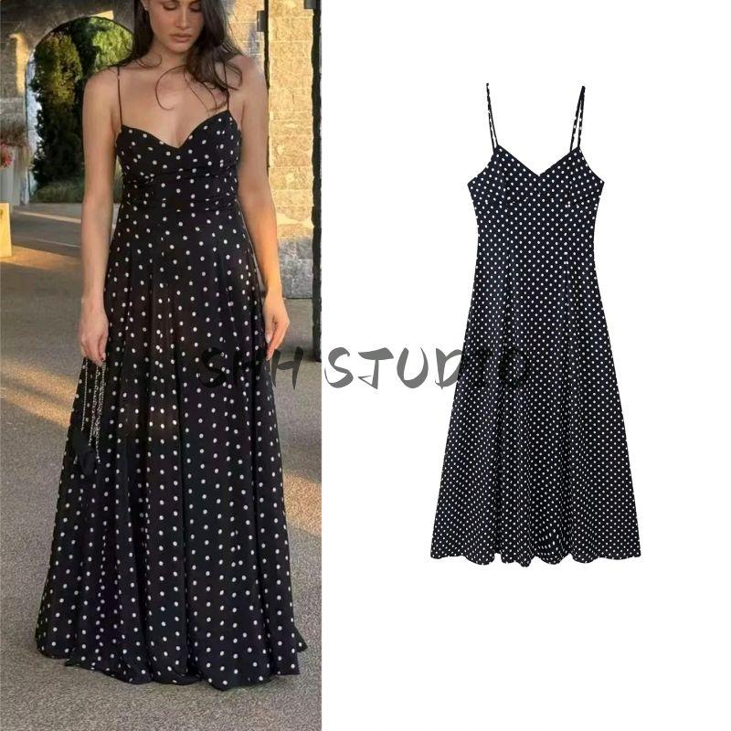 Summer New Product Women's Clothes Minimalist Black Polka Dot V Neck Sleeveless High Waist A- Line Long Sling Dress