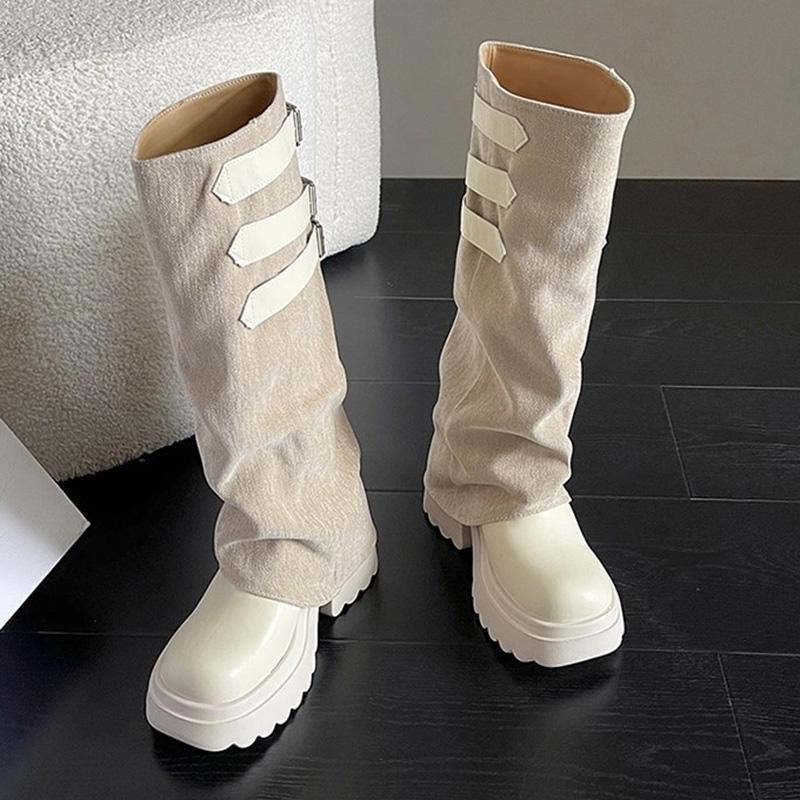 Belt Buckle Canvas Patchwork Knee Boots Women 2025 Autumn Punk Chunky Platform High Heel Botas Y2K Thick Bottom Boots
