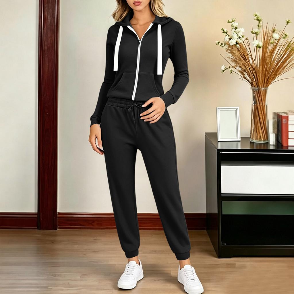 Damski casualowy dres Rozpinana bluza z kapturem na zamek błyskawiczny ze sznurkiem i szerokie spodnie dresowe z otwartym dołem