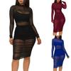 Women’s Sexy Three Piece Outfit Long Sleeve  Sexy Sheer Ruched  Mesh Dress with Vest and Shorts
