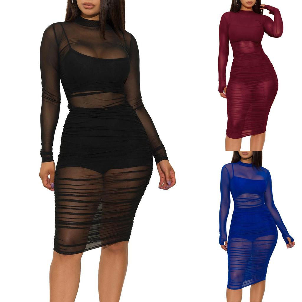 Women’s Sexy Three Piece Outfit Long Sleeve Sexy Sheer Ruched Mesh Dress with Vest and Shorts
