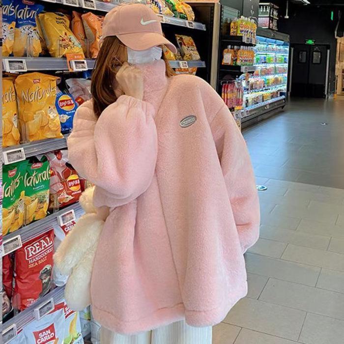 

Розовый плюшевый меховой пальто в корейском стиле 2026 года - Женское зимнее, длинное, свободного кроя XL розовый