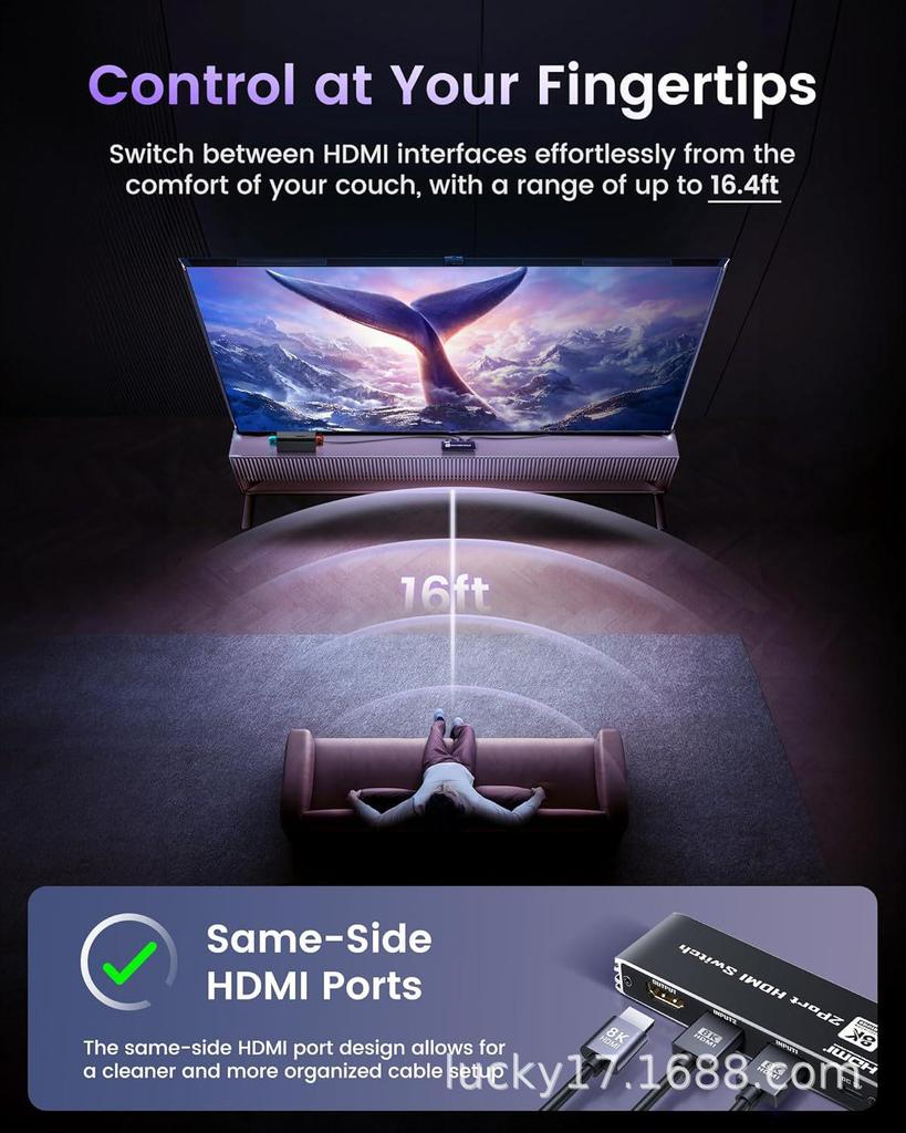 8K60 Ultra HD HDMI 2.1 Switch with Remote, 2 In 1 Out, Instant Switching