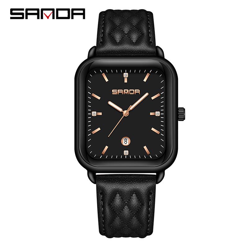 Sanda Quartz Retro Square Watch: Simple Bar Index, Calendar, Waterproof, Business Casual, Unisex Strap