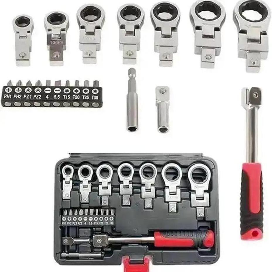 27 Pcs Flex Head Ratchet Wrench Set 6mm-20mm Changeable Torx Ratchet Wrench Heads With Screwdriver Bits Multi Tool Set With Cas