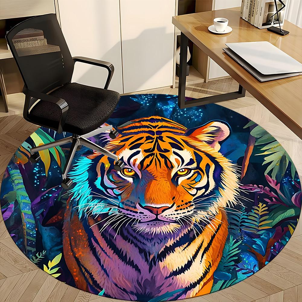1PC Tiger Jungle Office Round Area Rug, Mat Suitable ForOffice, Under Office Chairs Bedroom Living Room Home Decor, Room Deco