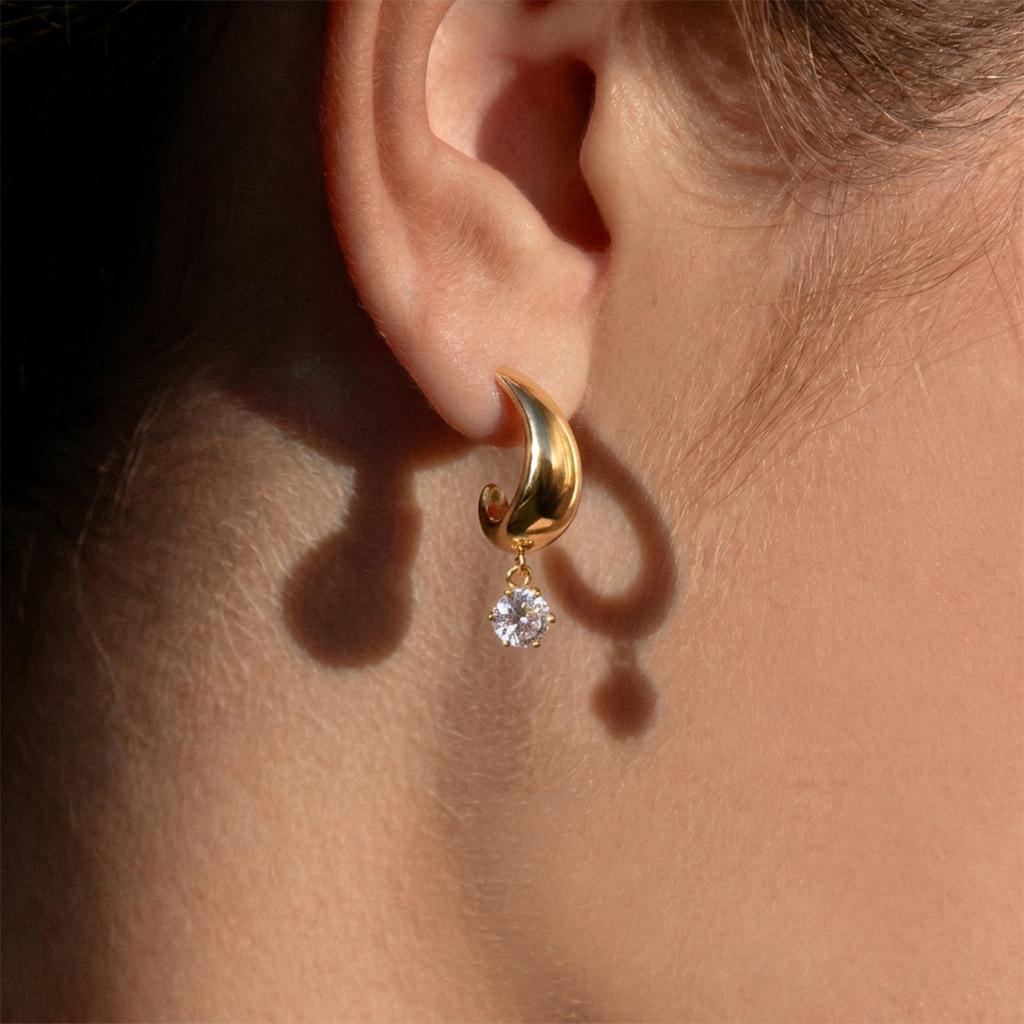 Round Zircon Drop Earrings for Women Minimalist C Shape 18K Gold PVD Plated Stainless Steel Earrings Fashion Jewelry Gift