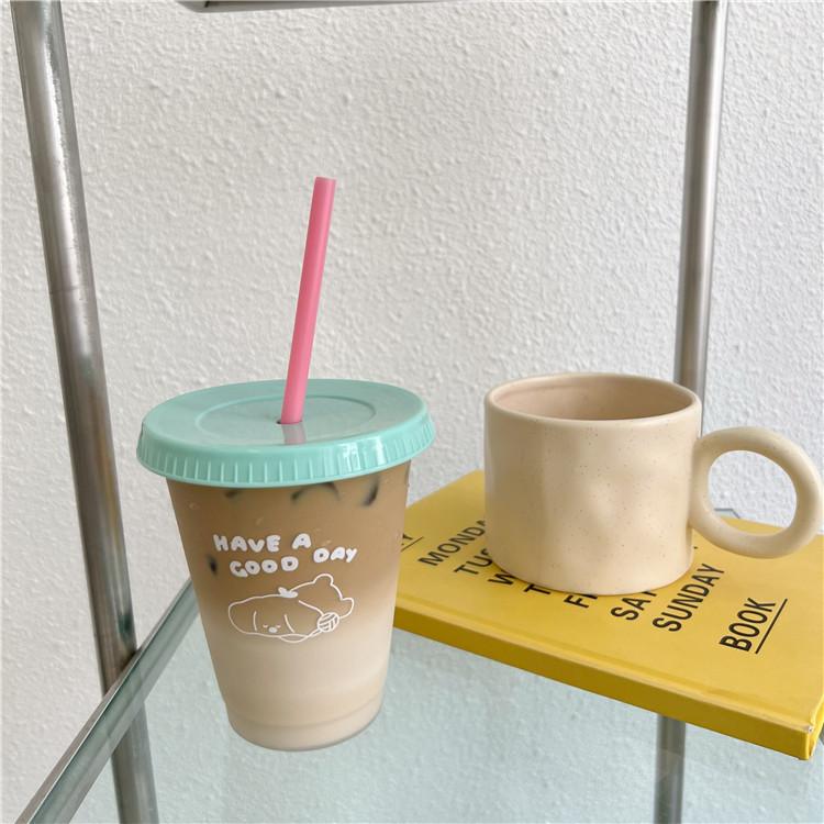 Kawaii Water Bottle For Coffee Juice Milk Tea Cute Plastic Cold Cups With Straw Lid Portable Reusable Drinking Bottle BPA Free
