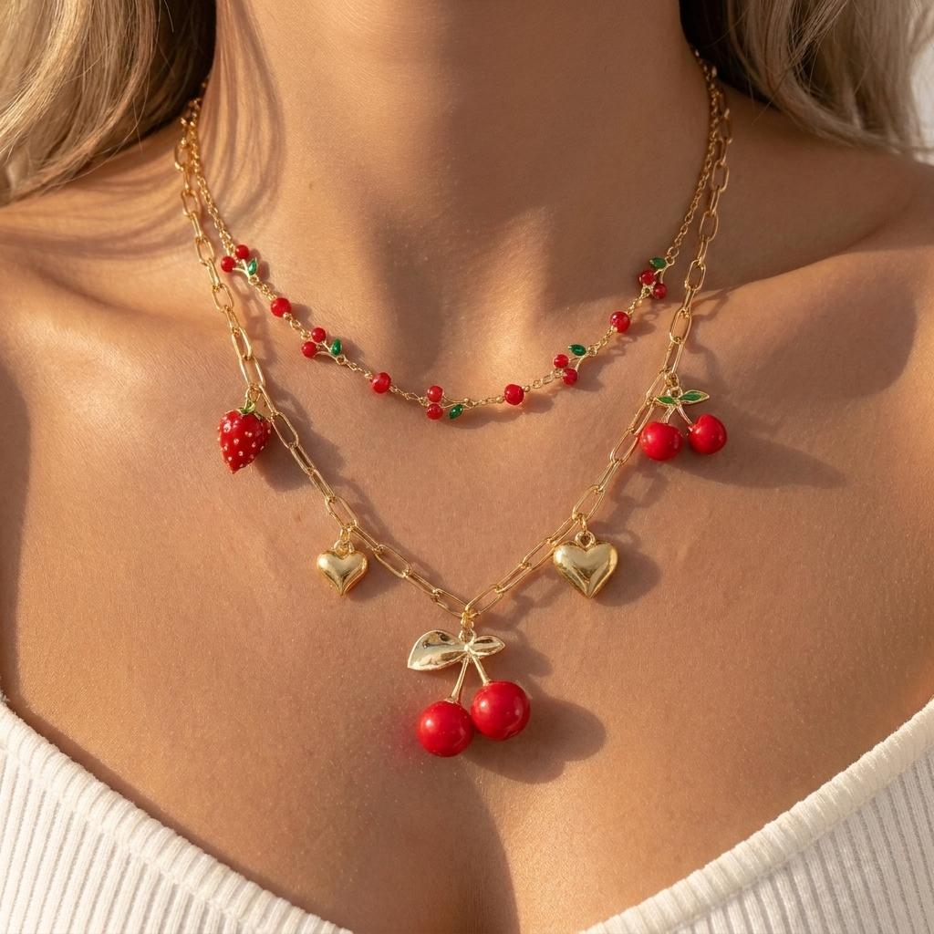 Romantic Red Cherry Heart Charm Necklace for Women Gold Color Sweet Strawberry Fruit Chunky Chain Choker Party Vacation Jewelry