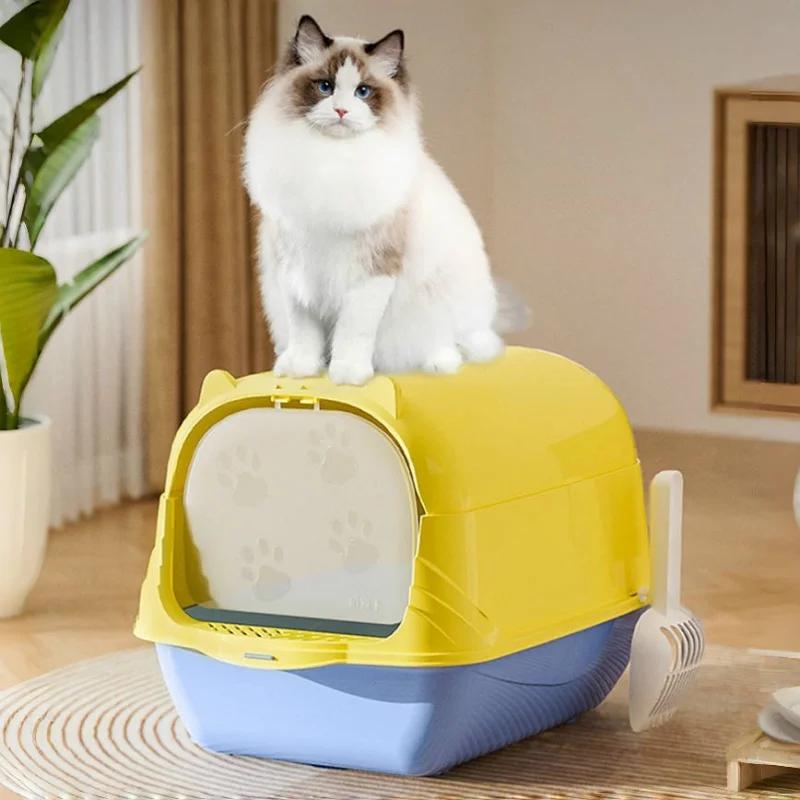 Totally Enclosed Cat Litter Box Large Pet Cat Toilet Detachable Litter Pan Anti-Splash Dog Toilet Pet Bedpans with Litter Shovel