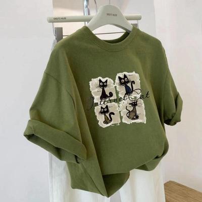 T-shirt da Donna Verde Oliva con Stampa Gatto Cartone Animato Top Casual Largo con Maniche Arrotolate Girocollo