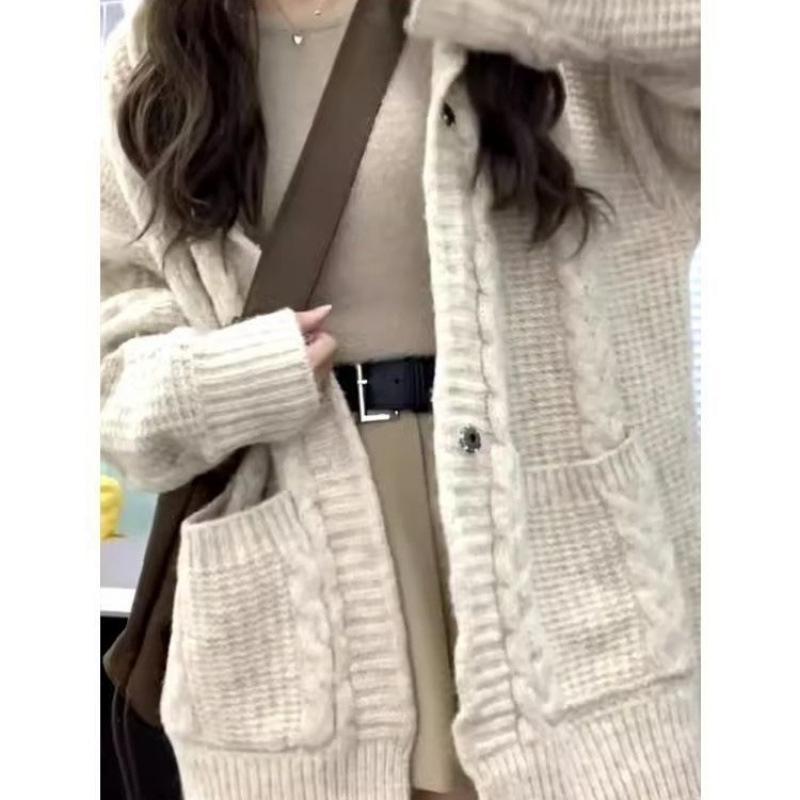 Gentle Wind Lazy Loose Twist Sweater Cardigan Women's Fall and Winter Outer Hooded Knitted Thickened Jacket