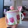 Small Fresh Tulip Cup Girl Heart Student with Cover Spoon Office Mug Household Ceramic Water Cup