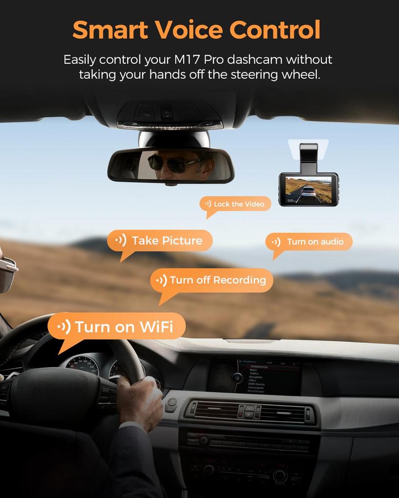 AZDOME Câmara de Painel WiFi M17 Pro com 2 Câmaras, 2K+1080P Frontal e Traseira, Ecrã IPS de 3", ADAS, Cartão de 64GB Gratuito