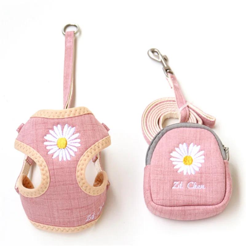

Daisy Embroidered Dog Harness and Leash Set with Snack Bag Breathable Mesh Puppy Vest for Small Dogs Cats S