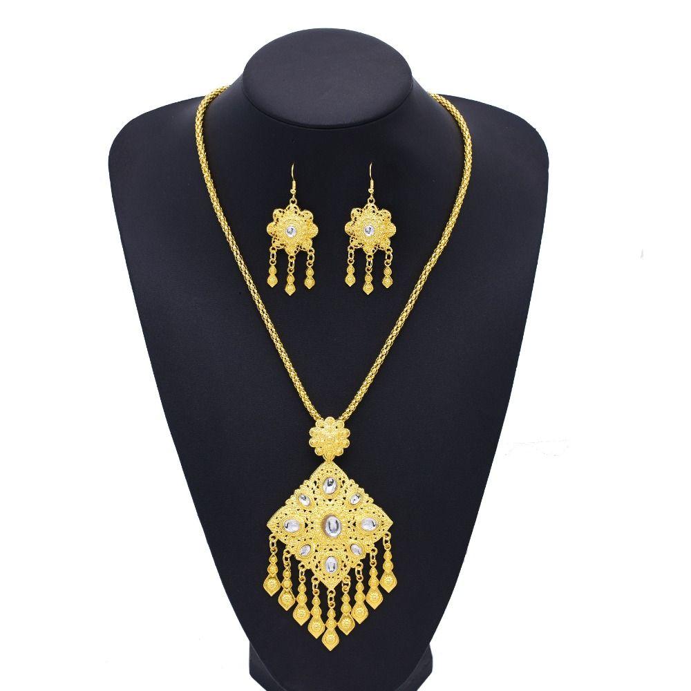 Thai Necklace Earrings Set Ethnic Women Jewelry Suit Fashion Gold Plated Jewelry Set  Women