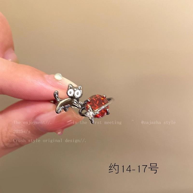 Childlike and cute~ Dark Wind Meow Crystal Ring Female 2025 New Retro Open Index Finger Ring Personality Ring