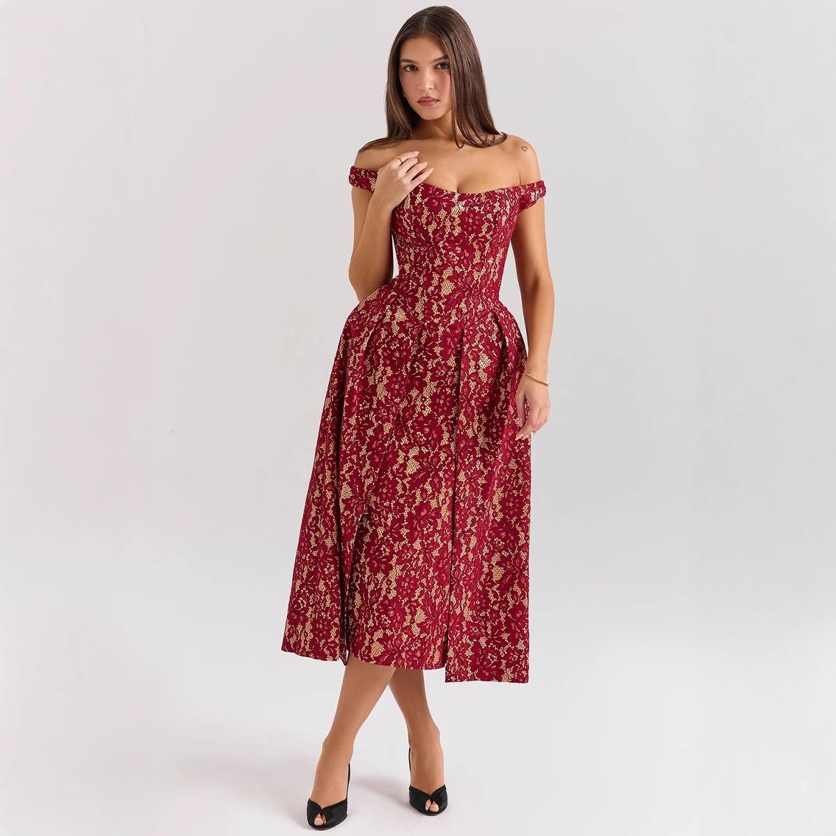 

Spring and summer new style women s clothing fashion temperament one-word shoulder backless slim waist printed dress women S темно-красного