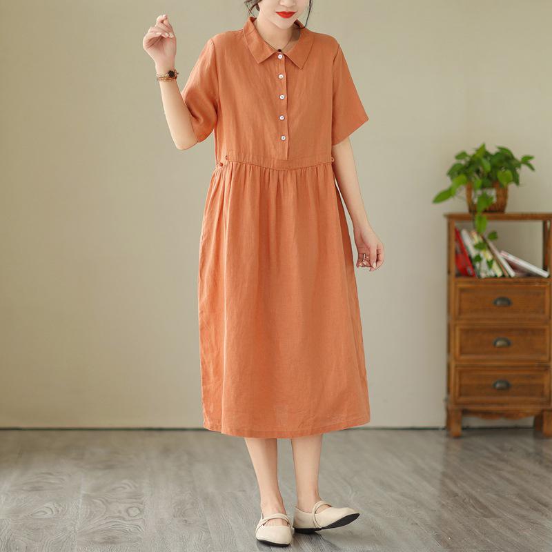 2024 Summer Japanese Style Cotton-Linen Polo Collar Midi Dress for Women