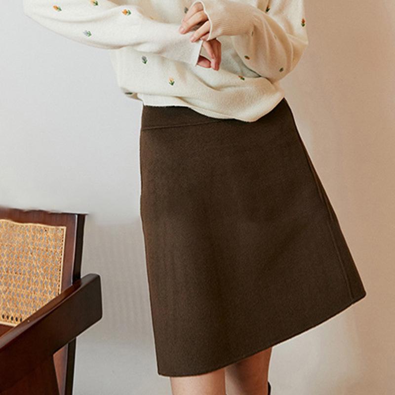 Spring Summer OL Retro Patchwork Woolen Skirt - Solid Brown, Hong Kong Style, Professional Japanese Design