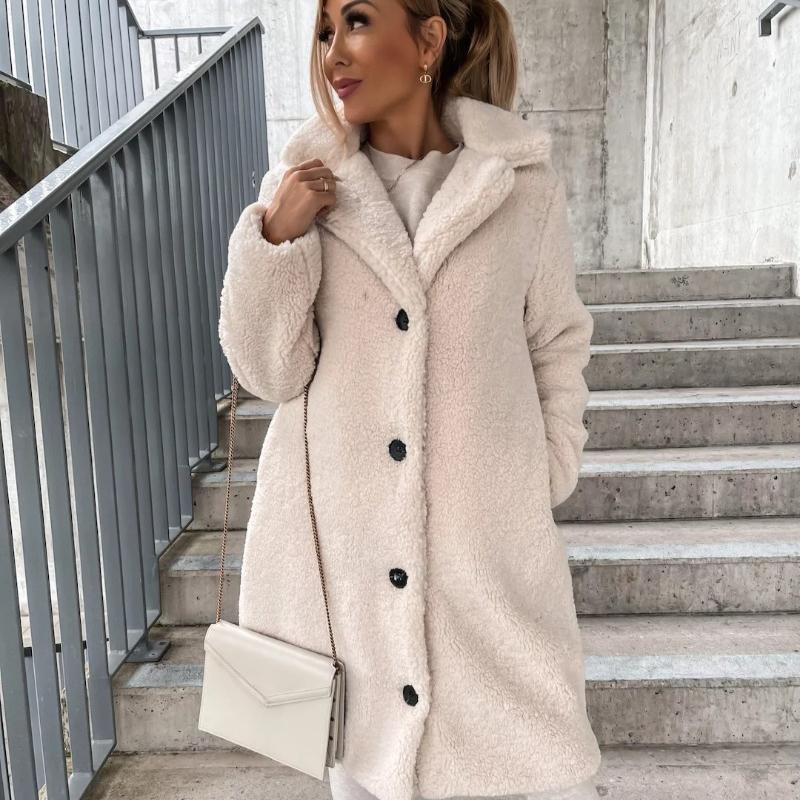 Toamnă și iarnă groasă cu mânecă lungă cu revere jachetă damă plus size fleece din pluș paltoane lungi calde femei lejer casual jachete solide pentru femei 24959