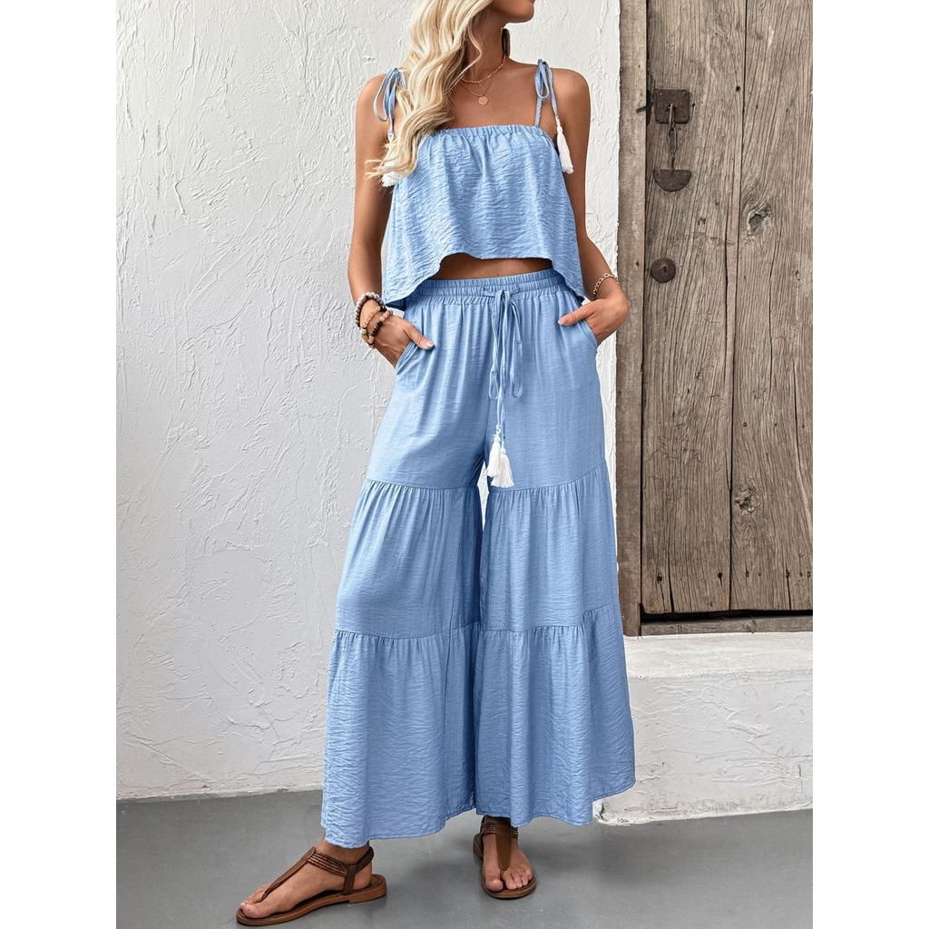Summer Fresh Style Solid Color Cami Top + Wide Leg Pants Two Piece Set Outfit