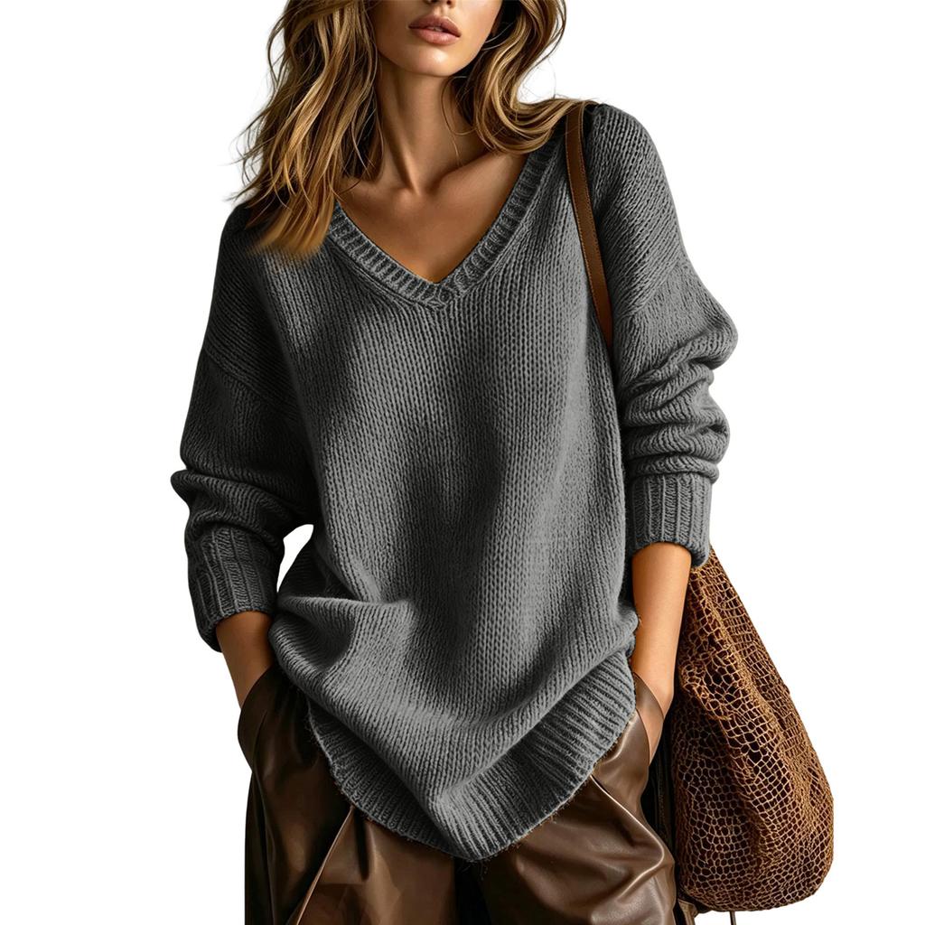 Women's Cozy V-Neck Knit Sweater Loose Fit Slimming Pullover Top