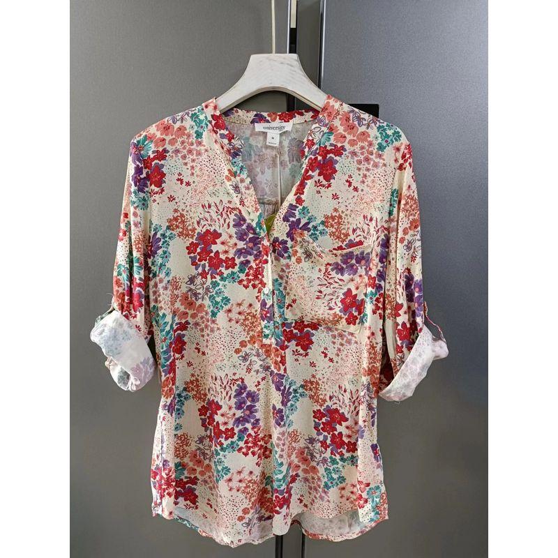 Export Export Loose V Neck Artificial Cotton Shirt Women's Three-Quarter Sleeve Cotton Silk Tops Spring and Summer Rollable Sleeves