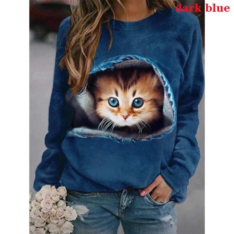 Höst 3D Katt Tryckta Sweatshirts Trendiga Casual Sport Långärmade Dam Sweatshirts