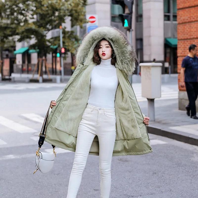Super caldo collo in pelliccia sintetica cappotti invernali elegante sottile velluto foderato con cappuccio parka da donna di media lunghezza giacca spessa in peluche