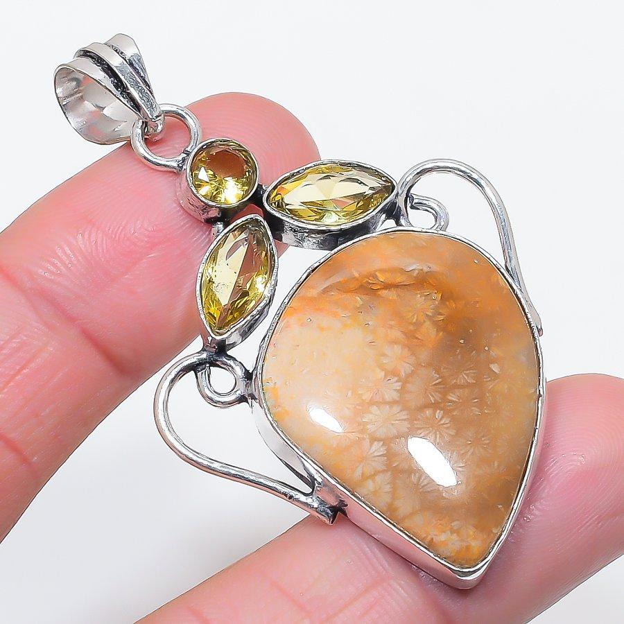 Natural Fossil Coral, Citrine 925 Sterling Silver Jewelry Pendant 2.40" s7t47