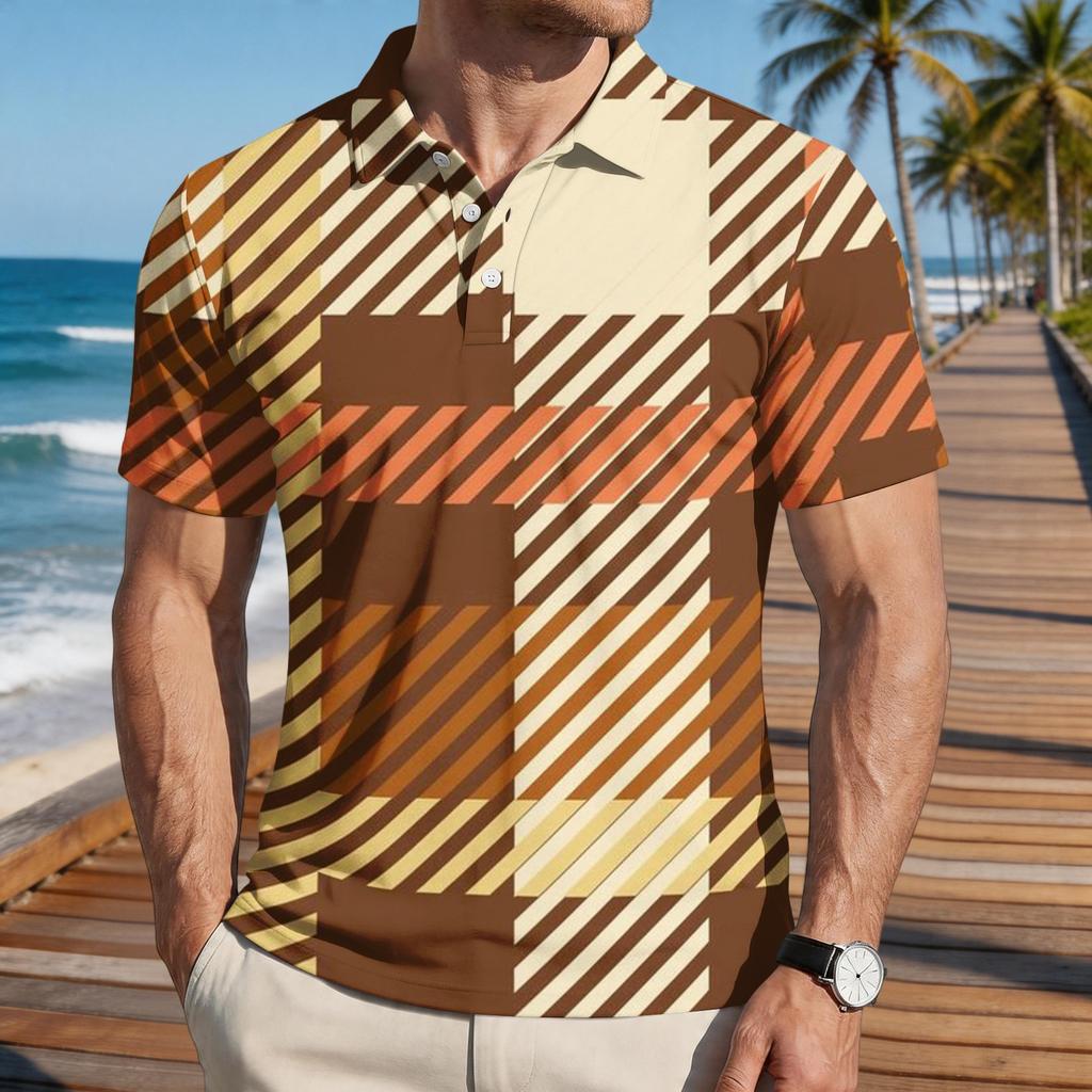 Men’s Loose Fit Casual Plaid Print Short Sleeve Polo Shirt with Turn Down Collar for Everyday Wear