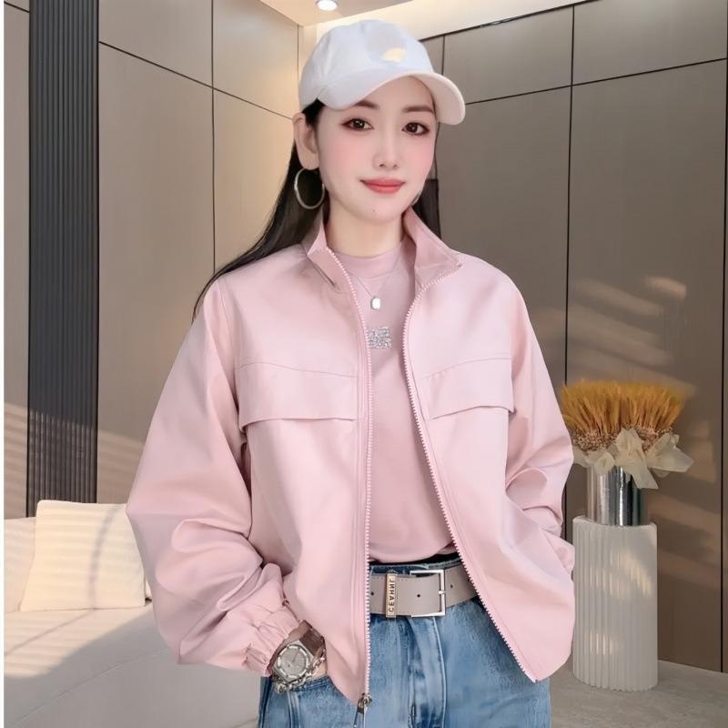 Women Solid Color Short Windbreaker Jacket Long Sleeve Turn Down Collar Zip Up Casual