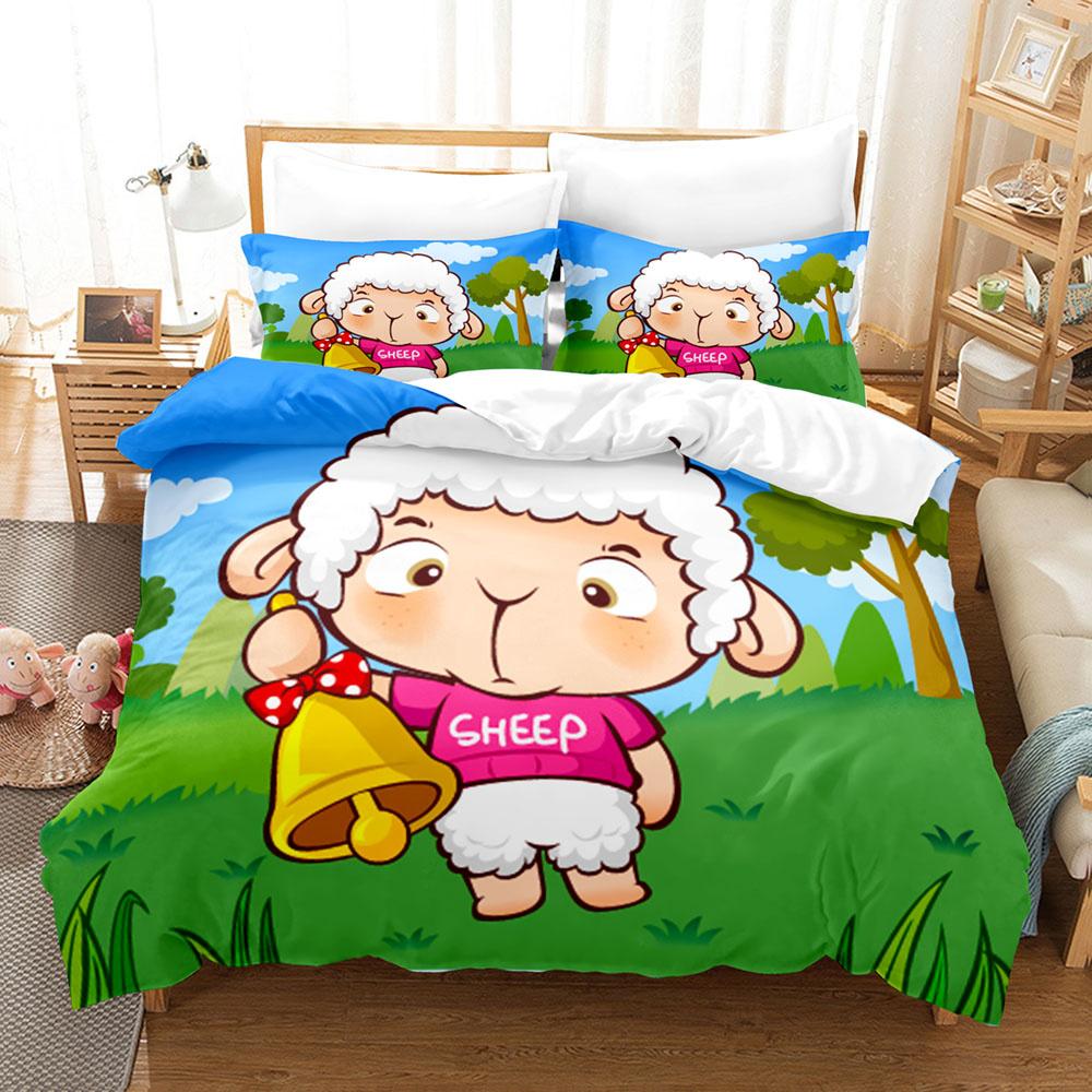 Cartoon Sheep Duvet Cover Set Cute White Sheep Flowers Pattern King Queen Full Size For Kids Boy Girl Gift Polyester Bedding Set
