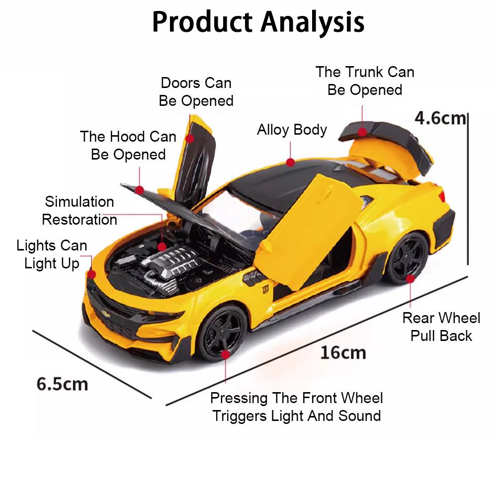 Scale 1:32 C2 Camaro Car Model Toy Metal Body Rubber Tires Sound Light Pull Back Simulation Models Toys for Kids' Edutainment