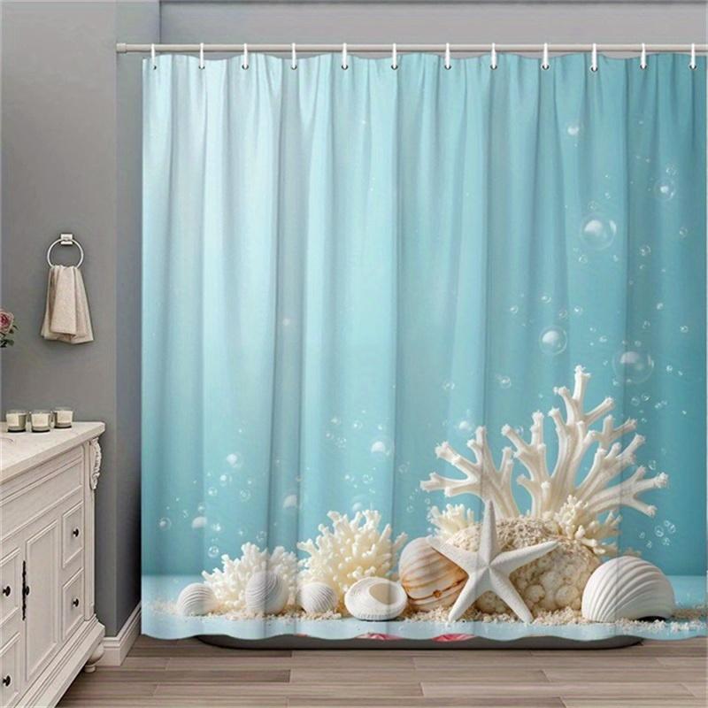 

Seashells & Starfish Curtain - Coral, Light Blue Gradient, Polyester, 12 Hooks, 70.8In, Bath Decor W60H190(CM)-1 Pcs