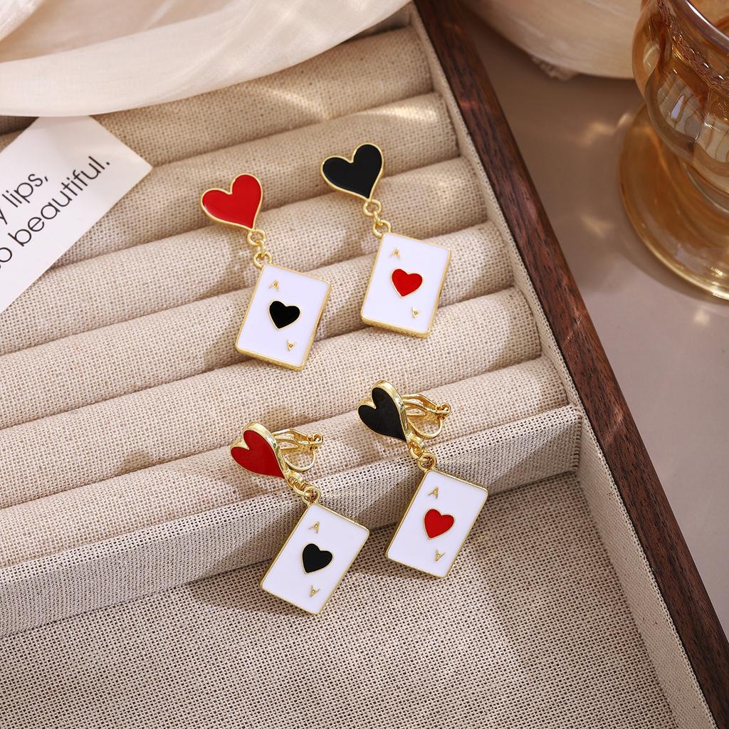 Oil Drop Heart Spade Playing Card Earrings, Light Luxury Design Sense Asymmetrical Personality Fashion Earrings