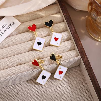 Oil Drop Heart Spade Playing Card Earrings, Light Luxury Design Sense Asymmetrical Personality Fashion Earrings