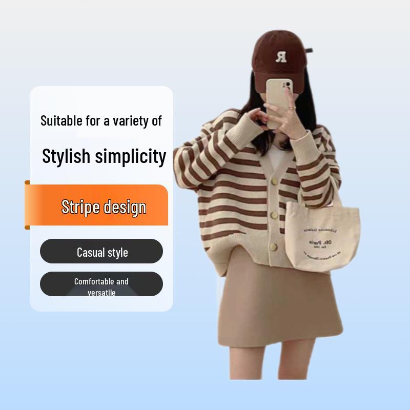 Korean Style Striped V-Neck Chic Knit Cardigan Sweater for Women