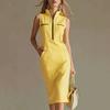 European and American elegant temperament contrasting color zipper stand-up collar medium and long dress women's summer slim A word