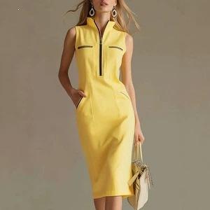 European and American elegant temperament contrasting color zipper stand-up collar medium and long dress women's summer slim A word