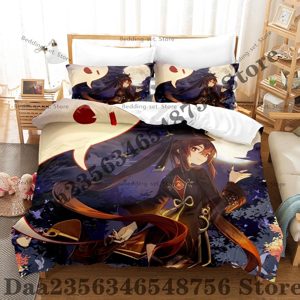 Personality Anime Hu Tao Bedding Set AniThree Piece Bedding Set - Luxury Comforter Set with Queen King Size Including pillowcase