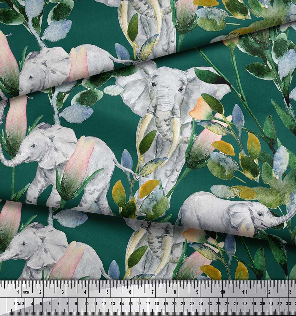 Soimoi Japan Crepe Satin Fabric Leaves,Floral & Elephant Animal Printed Craft Fabric by the metre 42 Inch