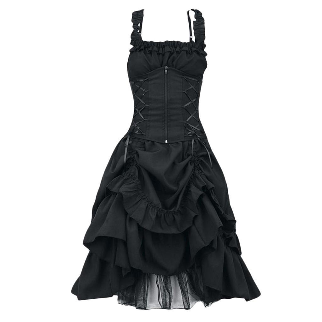 Drawstring Waist Slim Lolita Cosplay Gothic Prom Dresses Dresses Irregular Strappy Lace Dresses