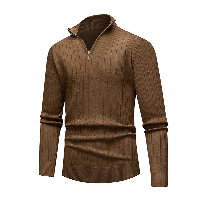Men's European-American Half-Zip Solid Color Knit Sweater with Vertical Stripes