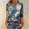 Trendy Vintage 3/4 Sleeve Top For Women,Ladies Casual Three Quarter Sleeve Round Collar Printed T-Shirt Blouse