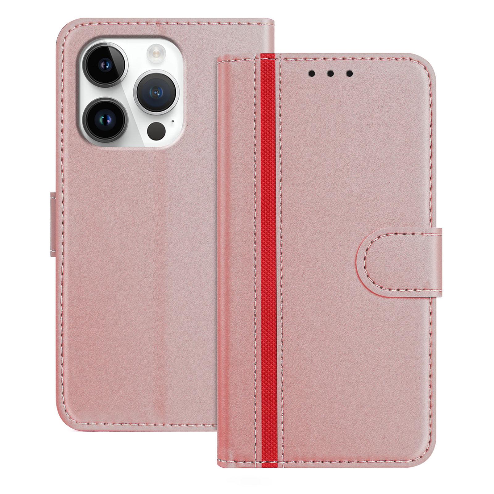 

For iPhone 16 Pro Phone Cases Wallet Stand Color Splicing Leather Cover with Magnetic Clasp Rose Gold