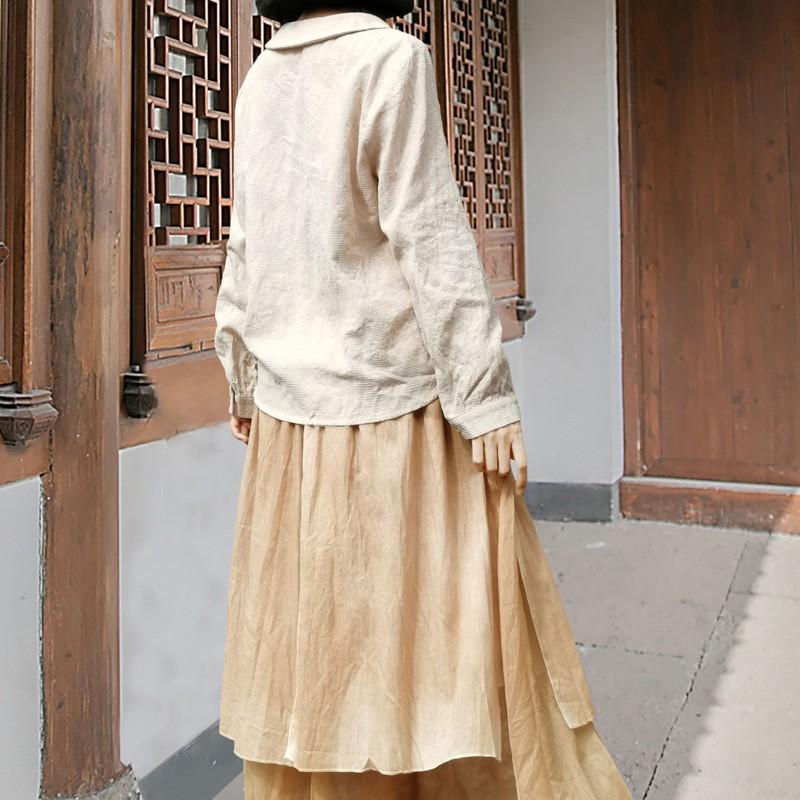 Johnature Damen Herbstmode Chinesischer Stil Langarmhemd Lässig Einfarbig Peter Pan Kragen Hemd