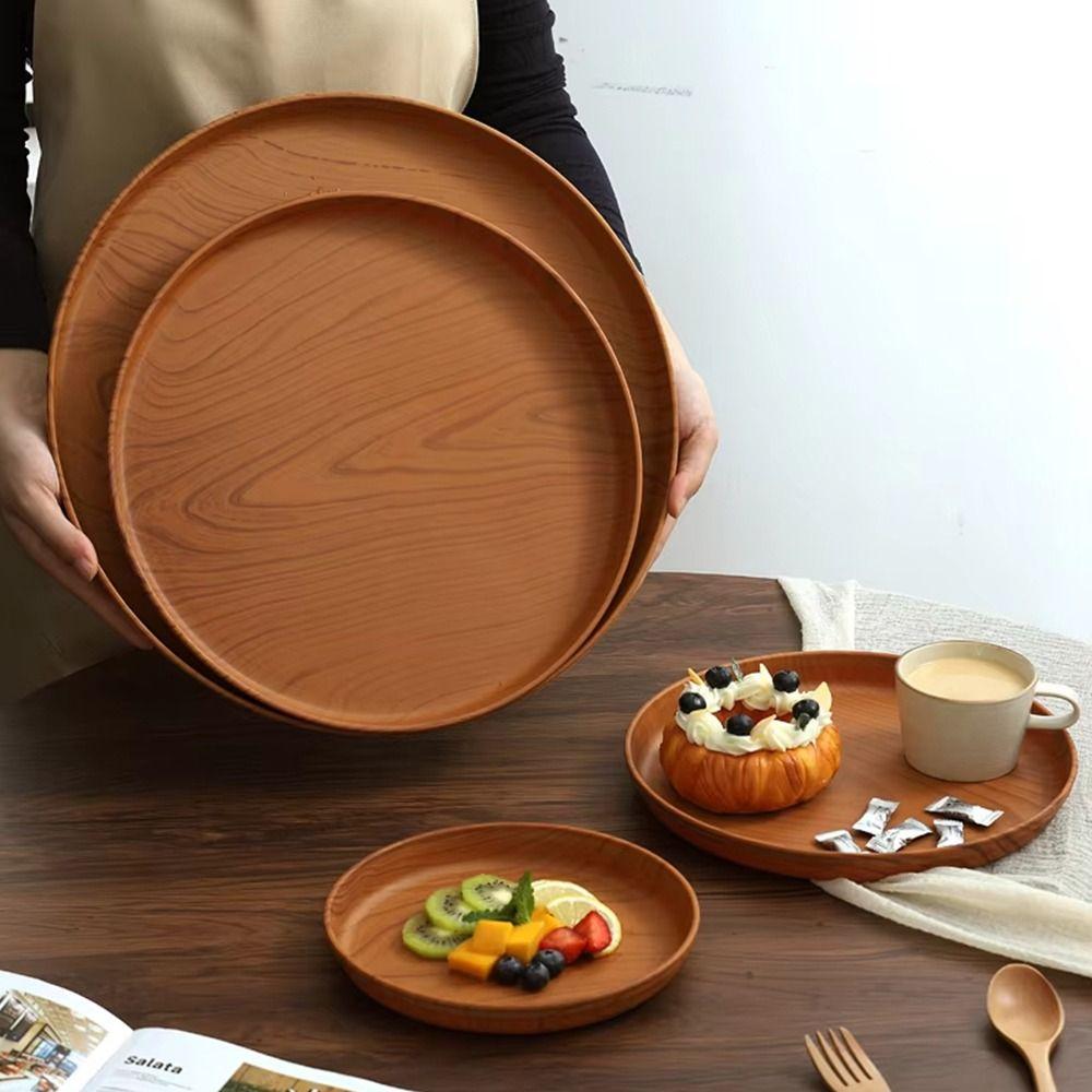 1Pcs Round Water Cup Tray Handmade Dishes Plate Durable Imitation Wooden Tray  Home Use