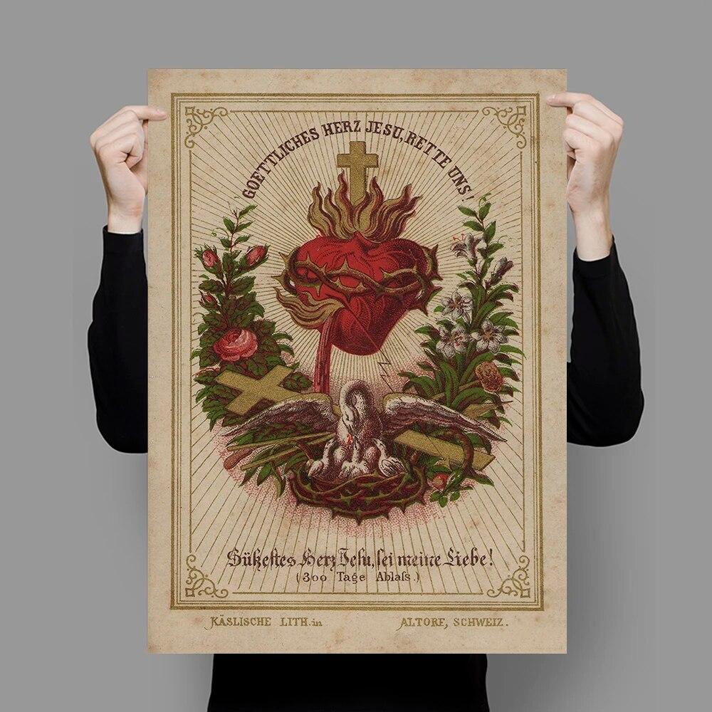 Vintage Sacred Heart of Jesus Art Prints Poster Abstract Religion Canvas Painting Retro Wall Picture Home Decoration No Frame